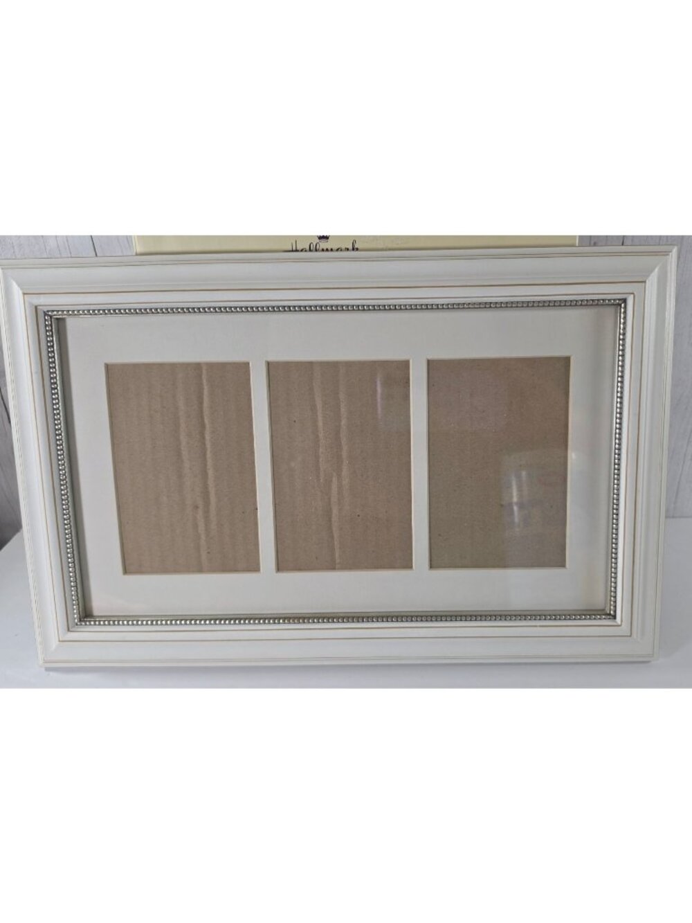 HALLMARK TRIPLE COLLAGE PICTURE FRAME WHITE SILVER BEADED 3 OPENING PHOTO MATTED